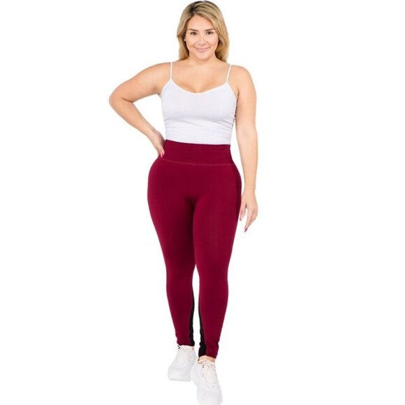 BURGUNY Workout Leggings With Mesh Solid - Picture 3 of 6
